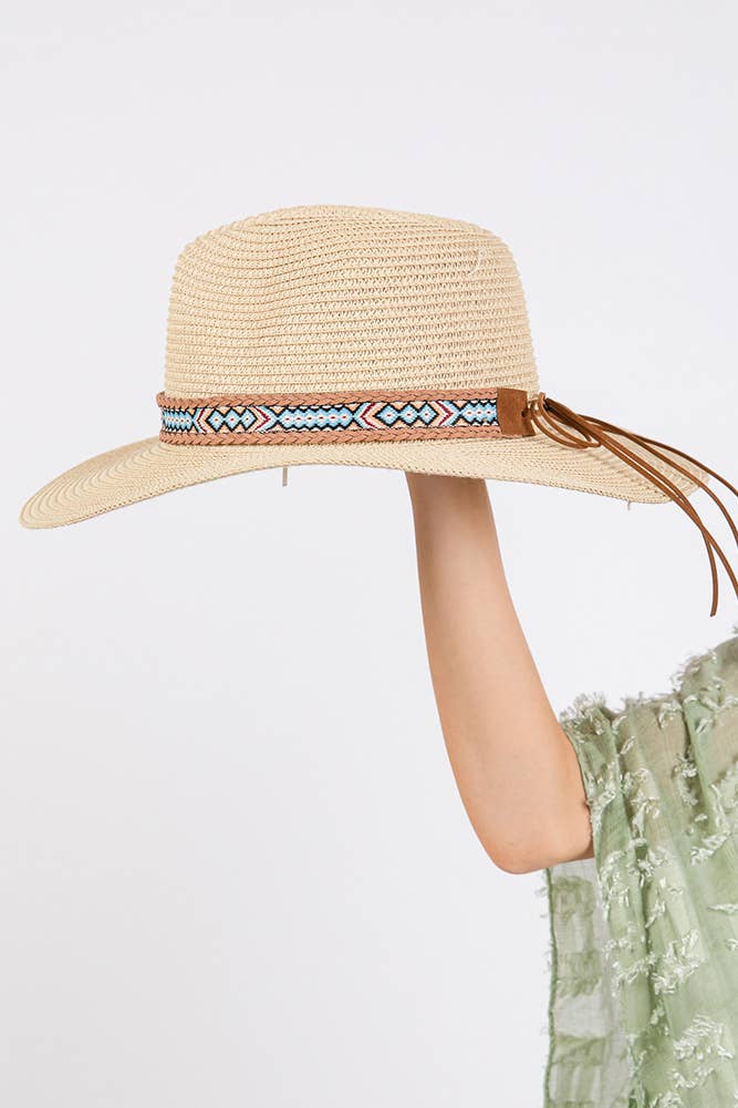 Hana – wholesale Stråhatt – Dam – Vävd Boho Aztekiskt Mönster Band Sommar Solhatt9