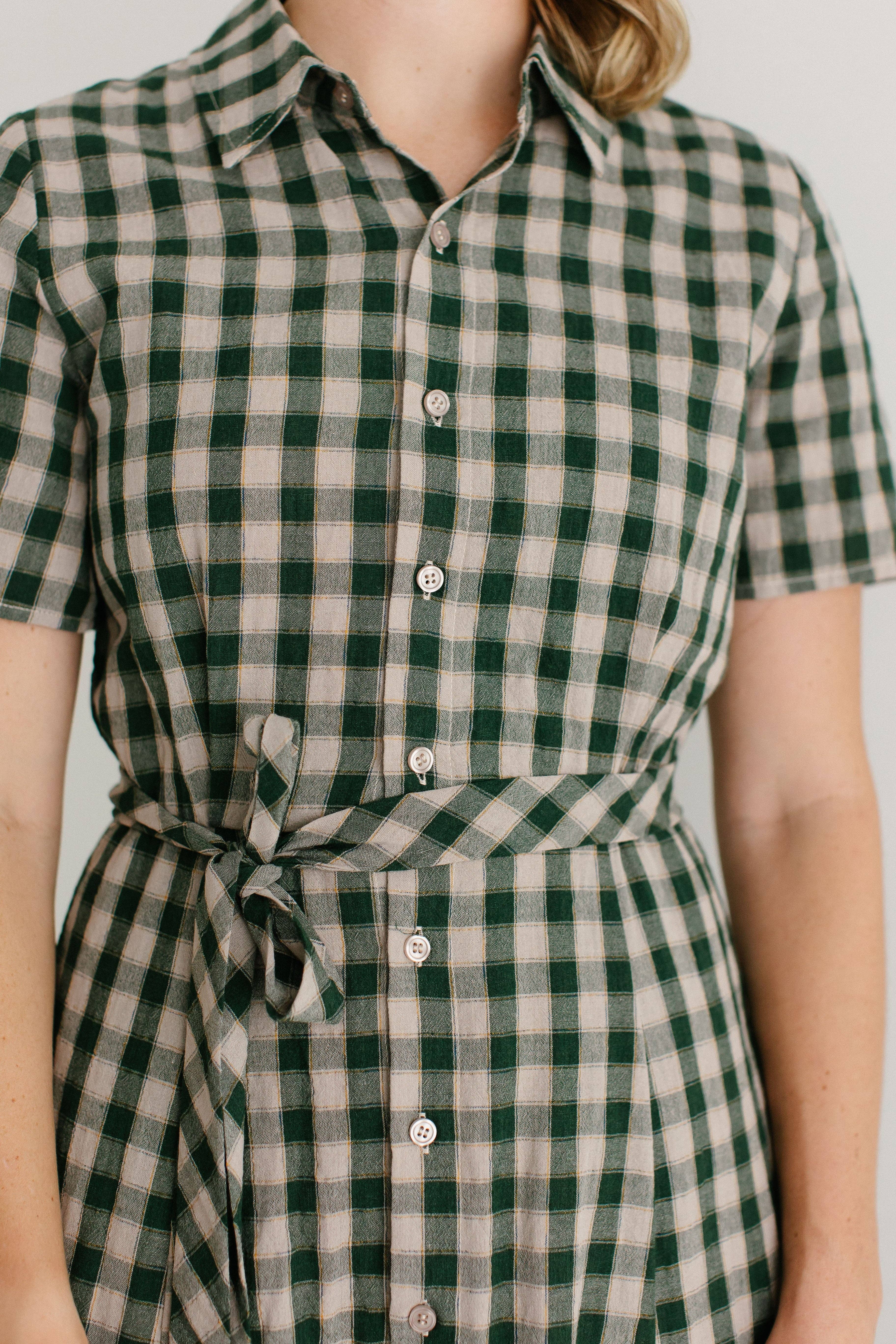 Light Tan 'Mae' Green Gingham A-Line Cotton Shirtdress FINAL SALE for wholesale on Faire1