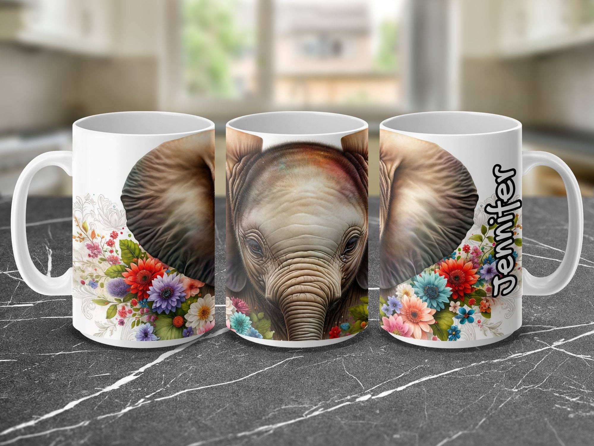 Bianco Tazza personalizzata con elefante con motivo floreale, tazza da caffè con nome personalizzato, regalo per gli amanti degli animali, tazza unica con stampa di elefanti in vendita all'ingrosso su Faire0