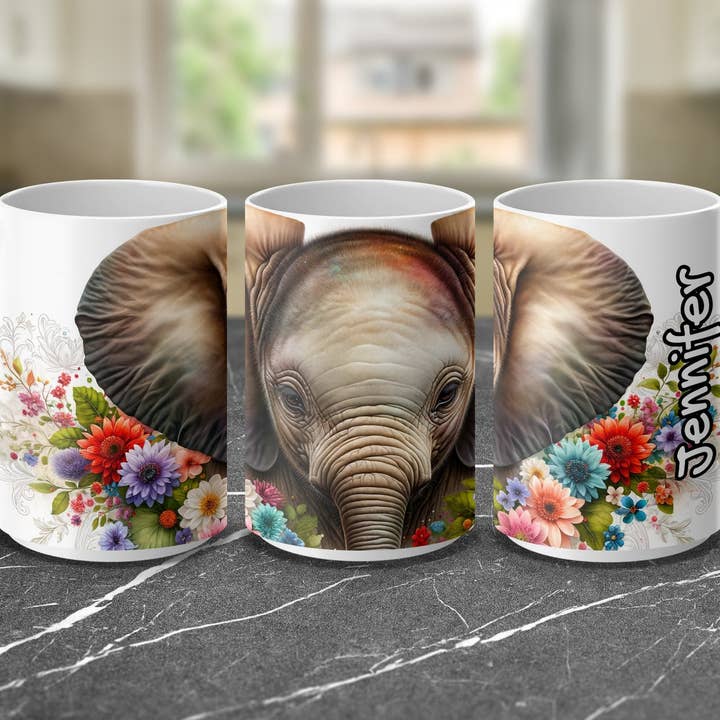 Vit Personlig elefantmugg med blommig design, kaffemugg med eget namn, djurälskande gåva, unik elefanttryckkopp för wholesale på Faire