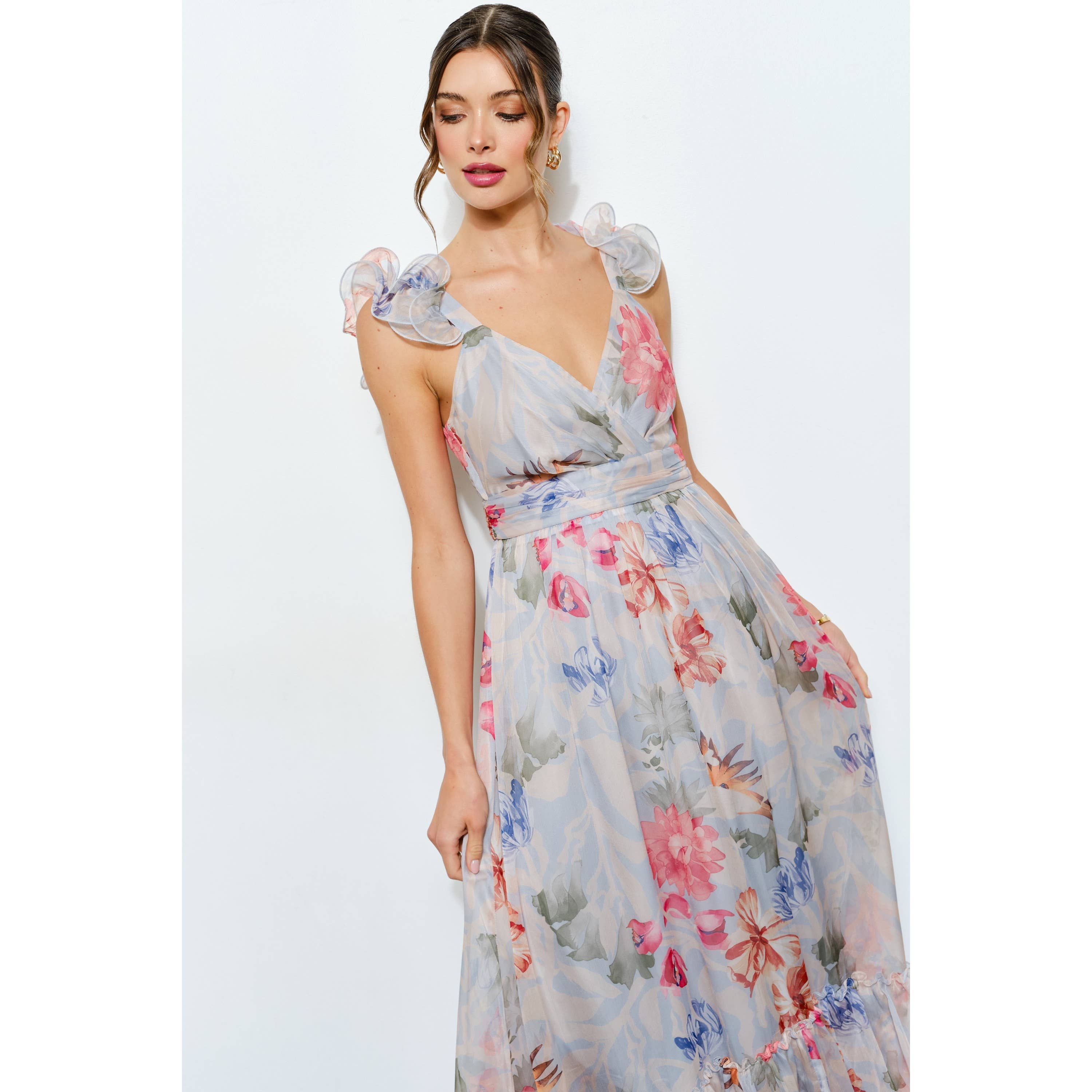 INA - Vendita all'ingrosso Vestito - Donna - Abito lungo a balze in chiffon floreale con spalle arricciate16