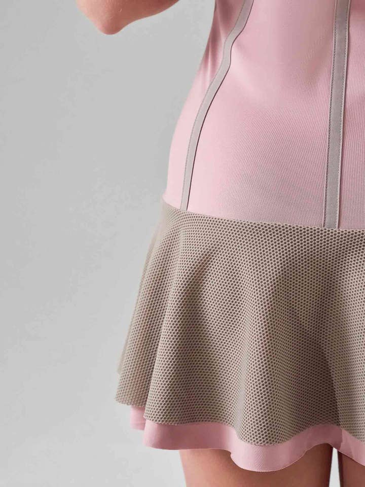 DUSTY PINK LATTE MAI DRESS | Performance Tennis & Pickleball Dress with Mesh Flounce for wholesale on Faire6