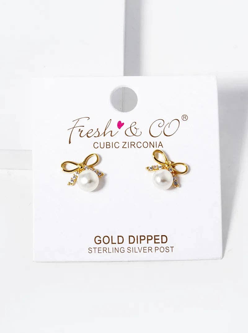Wild Honey - Wholesale Stud/Post Earrings - 18K Gold Dipped Pearl Drop Cz Pave Ribbon Bow Stud Earrings3