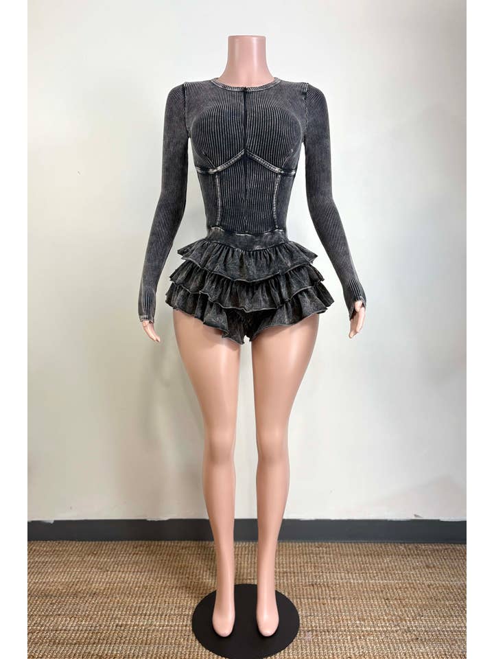 Dalia Studio - Wholesale Romper - Women's - MINERAL WASH ZIP UP TIERED BOTTOM ROMPER13