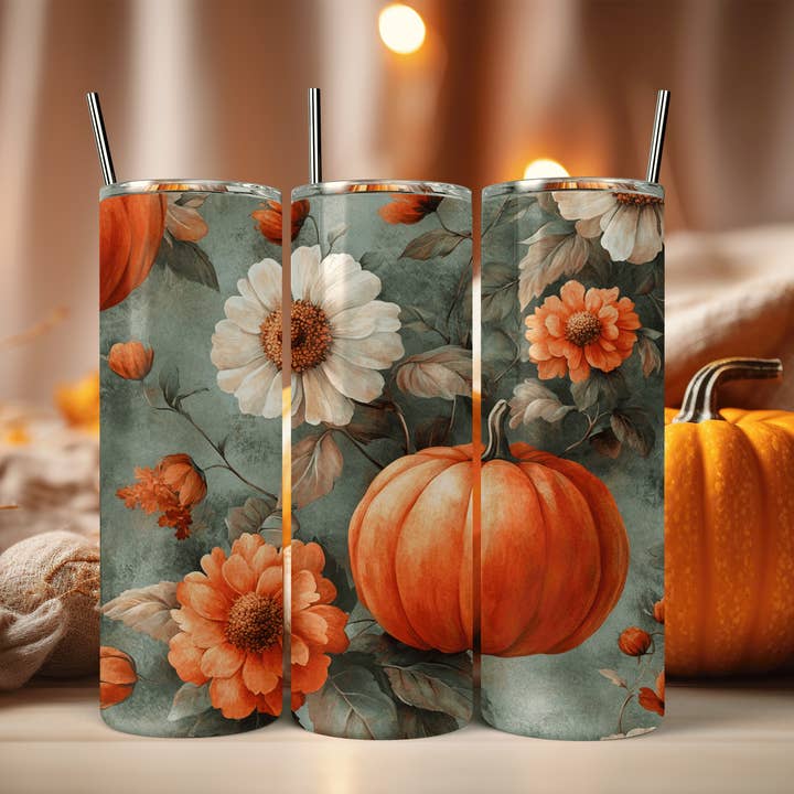 Gobelet mince vintage menthe automnal à fleurs et citrouille 20oz pour la vente par JAC Wholesale