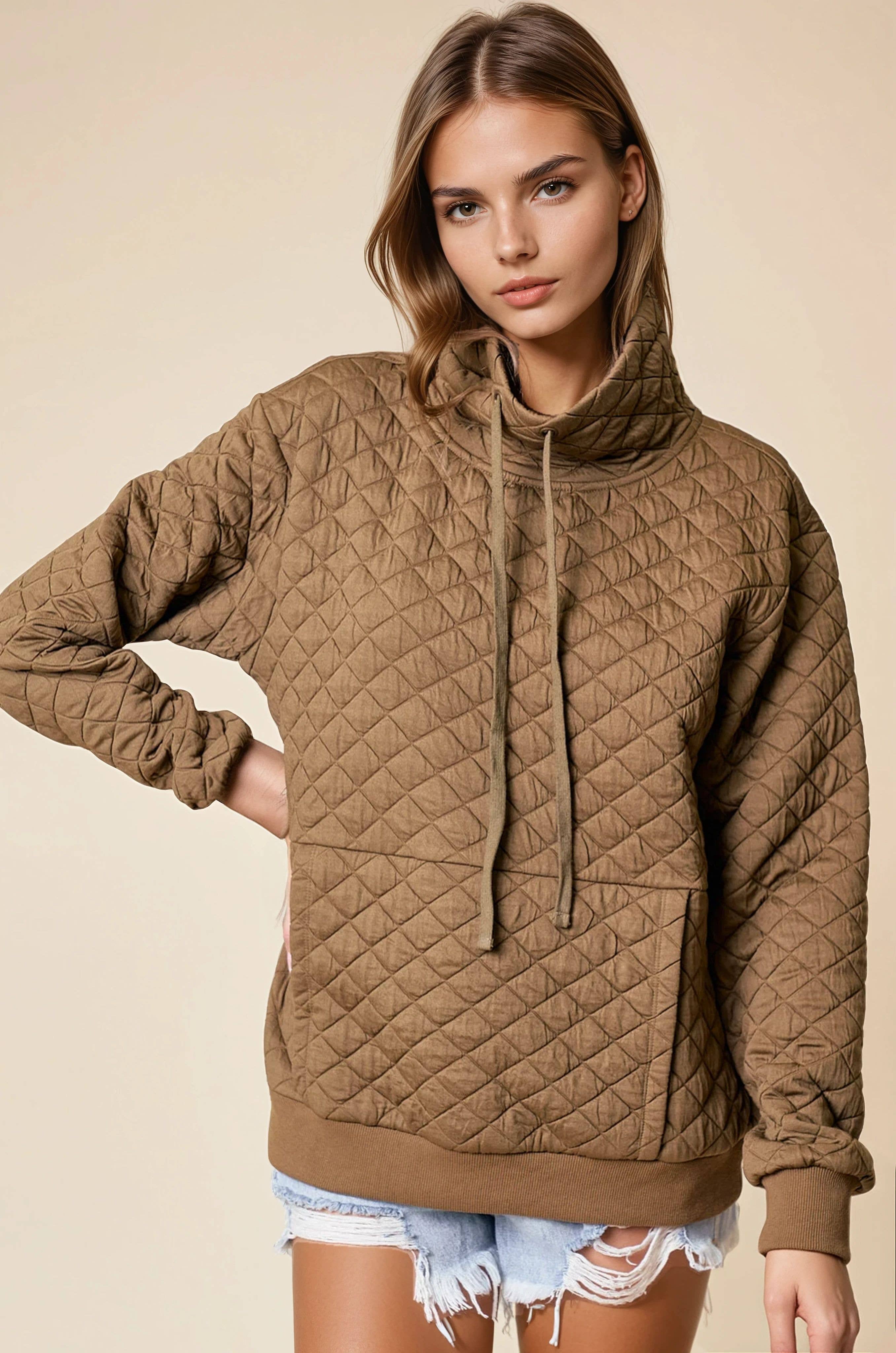 Doe and Rae - Wholesale Sweatshirt - Women's - FUNNEL NECK QUILTED PULL OVER - 43696T1