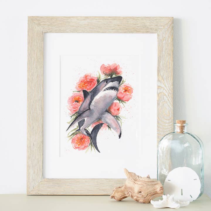 Impresión artística Peony Shark 5x7 u 8x10 para venta al por mayor de ALR Designs