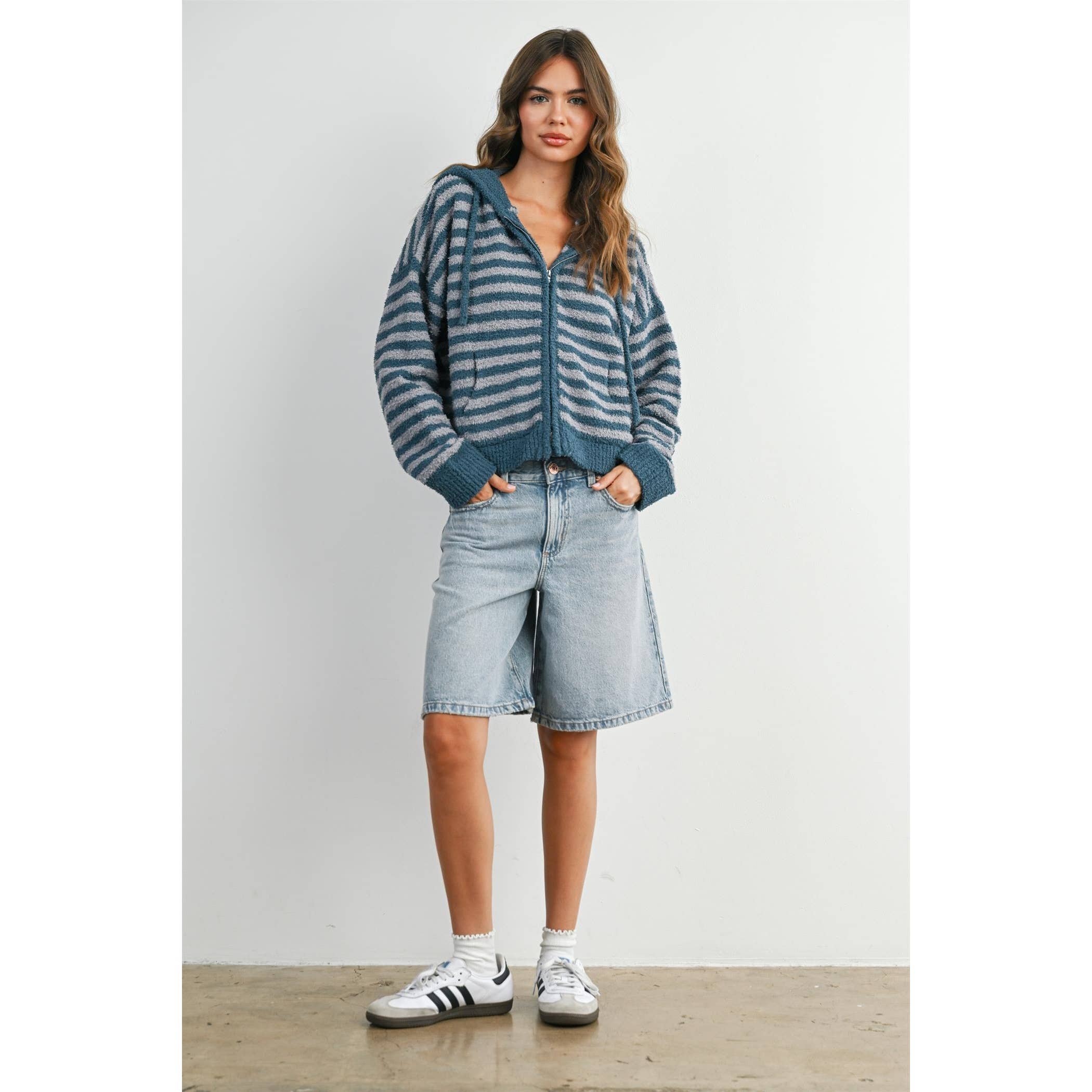 BUTTERMELON - Wholesale Knit Sweater - Women's - Striped Zip-Up Hooded Cardigan - BMC809736