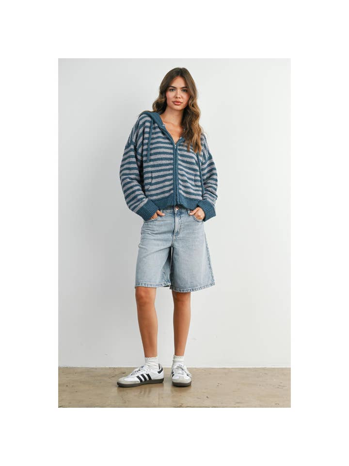 BUTTERMELON - Wholesale Knit Sweater - Women's - Striped Zip-Up Hooded Cardigan - BMC809736