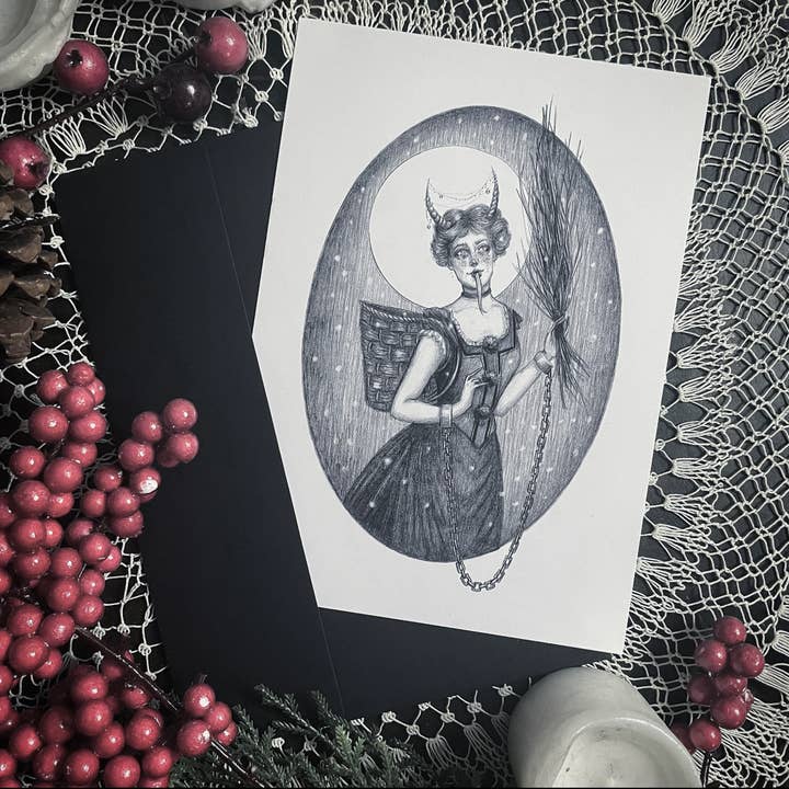Caitlin McCarthy Art - Wholesale Season's Greetings Card - Lady Krampus Holiday Cards - 10 Double Sided 5x7" Cards