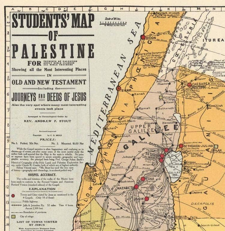 OldCityPrints - Old Maps and Posters – Engroshandel Kunsttryk – Gammelt kort over Palæstina med Jesus 1905 – religiøst vintage kort som vægkunst1