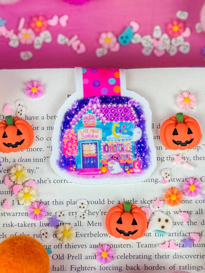 Halloween Late Night Bookshop at Bookshop Avenue Magnetic Bookmark for wholesale by Emily Cromwell Designs