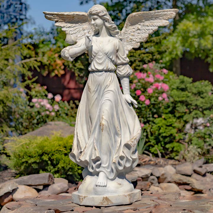 Zaer Ltd. International - Wholesale Outdoor Ornament/Decor - 46" Tall Angel Statue w/ Billowing Dress and Bird "Maria"