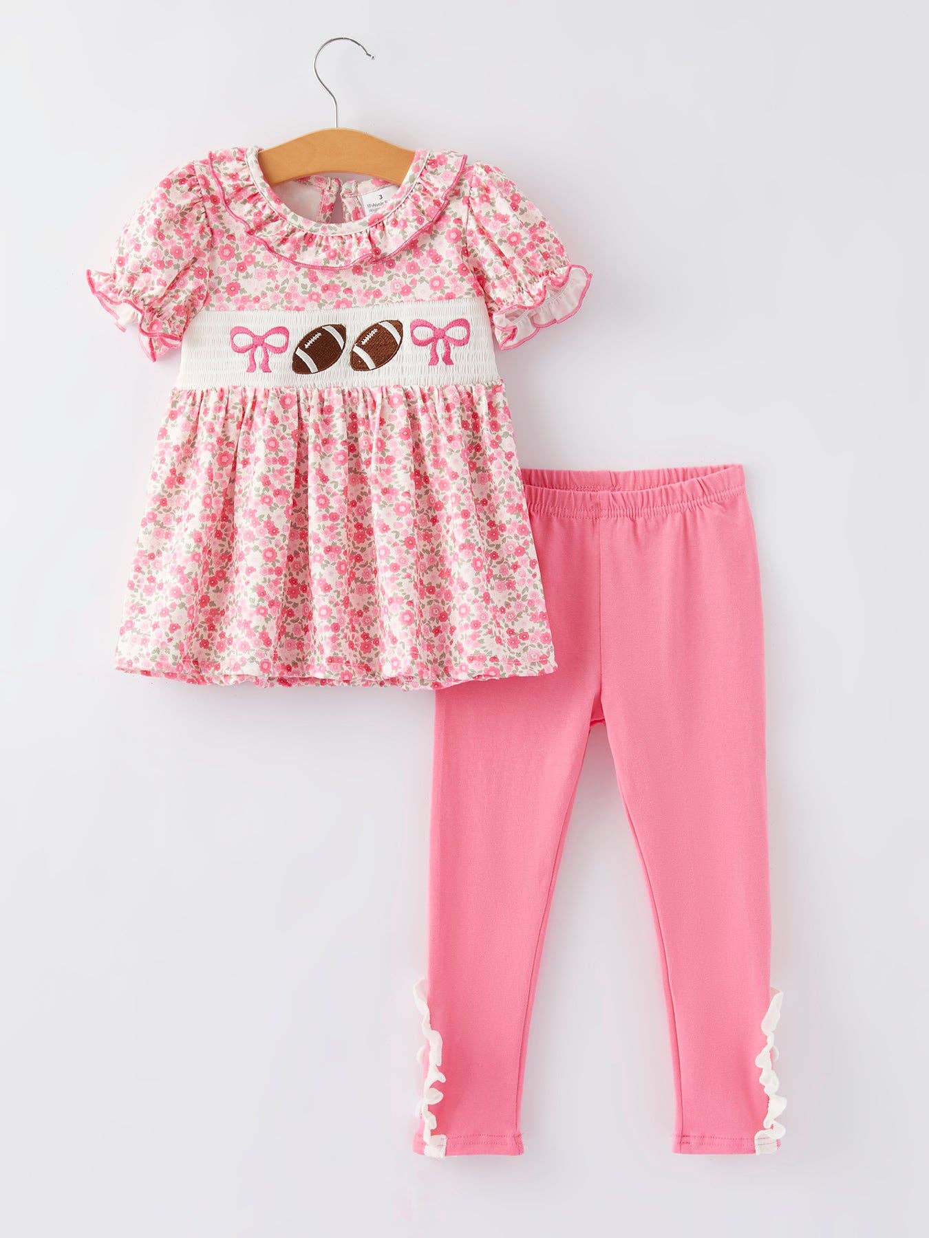 Baby Girl Fall Outfit Set – Pink Ruffle Sleeve Top & Pants With Football Print (0-6M To 2-3Y)