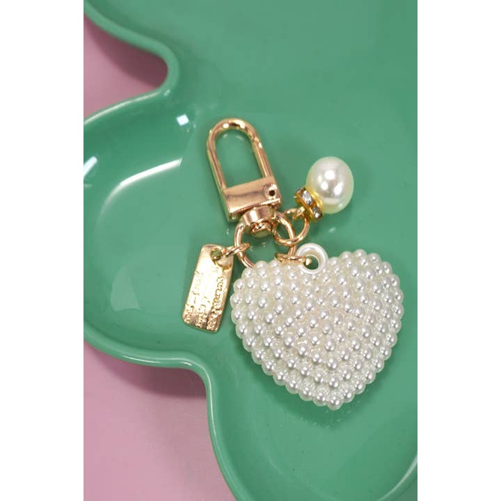 Gold PUFFY PEARL HEART KEYCHAIN BAG CHARM | 40KC131 for wholesale on Faire