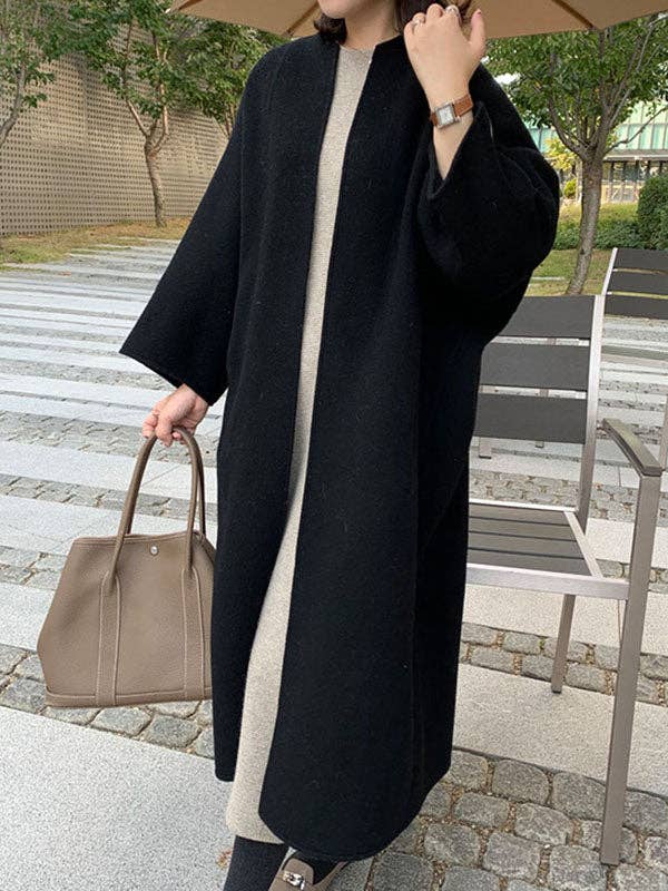 StyleGalX - Wholesale Coat - Women's - Long Sleeves Loose Solid Color Collarless Woolen Coat7