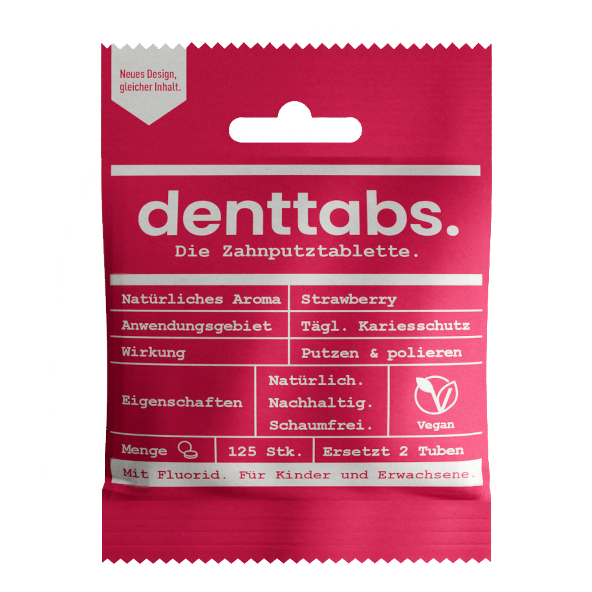 Denttabs Zahnputztabletten – Suplemento/vitamina oral por atacado – Expositor: 10x125 unidades de pastilhas para escovar dentes Denttabs sabor morango2