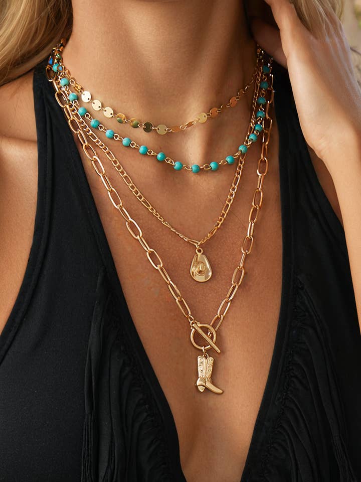 Plated Cowgirl Western Turquoise Beading 4pcs Necklace Set for wholesale by fashionworks