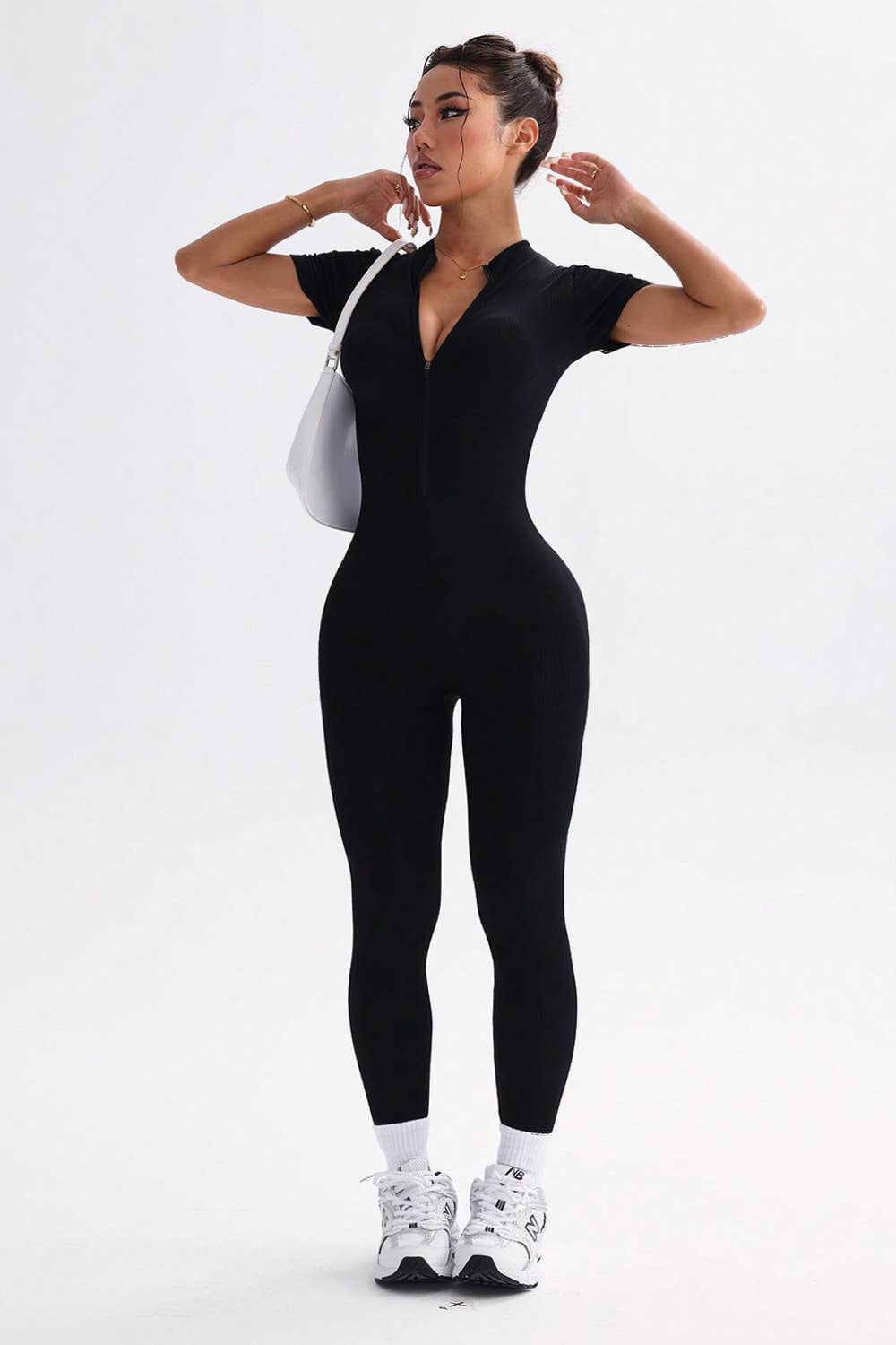 Color 5 - Wholesale Jumpsuit - Dames - Premium naadloos geribd jumpsuit met korte mouwen en ritssluiting aan de voorkant4