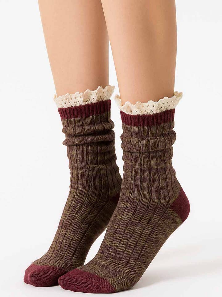 Ladies Vintage Ruffle Lace Trim Knit Midi Calf Socks for wholesale by Sweetkama