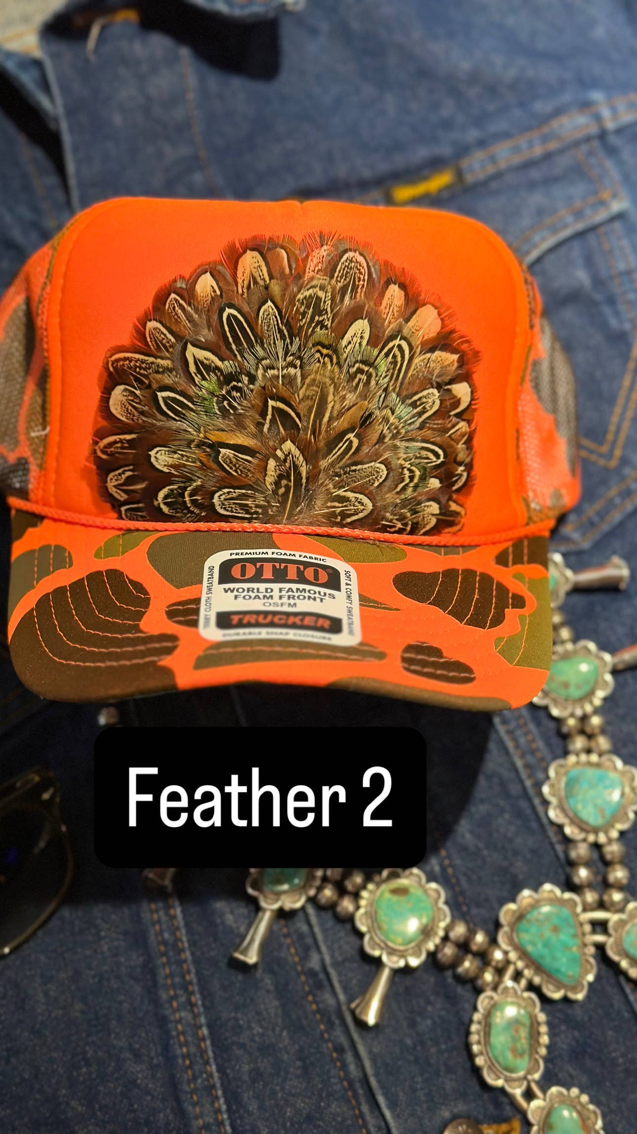 High Ho Silversmithing - Wholesale Trucker Hat - Women's - ORANGE CAMO CAMOUFLAGE FEATHER TRUCKER HAT1