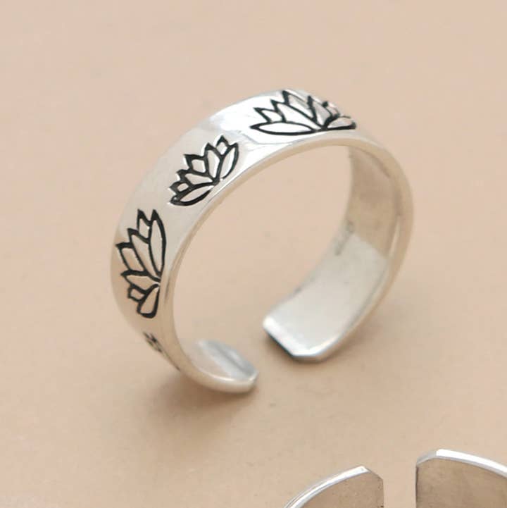 Culture Spot - Wholesale Band/Stacked Ring - Sterling Silver Engraved Lotus Ring, Adjustable0