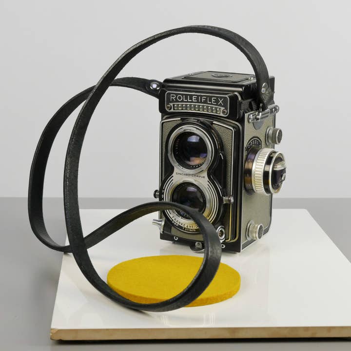 Slim Black Leather Camera Strap - Messel Rivet for wholesale by TILT//SHIFT Leatherworks