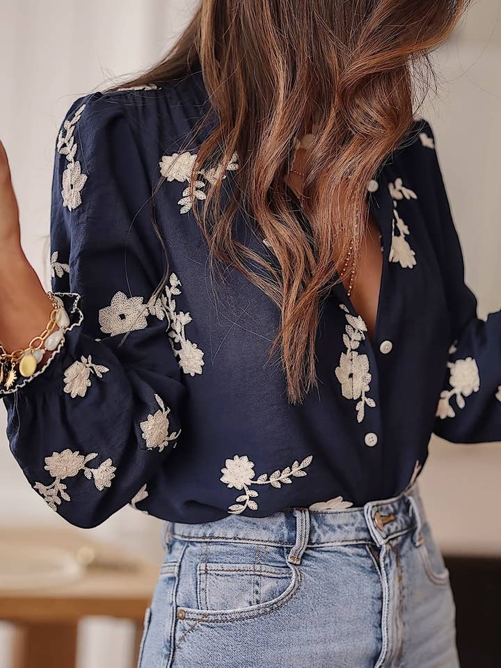 Lovenne - Wholesale Button Down Shirt - Women's - Women's long-sleeved embroidered V-neck shirt2