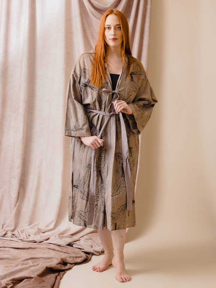 Retreat Robe in Fig Leaf Block Print for wholesale by ARAE