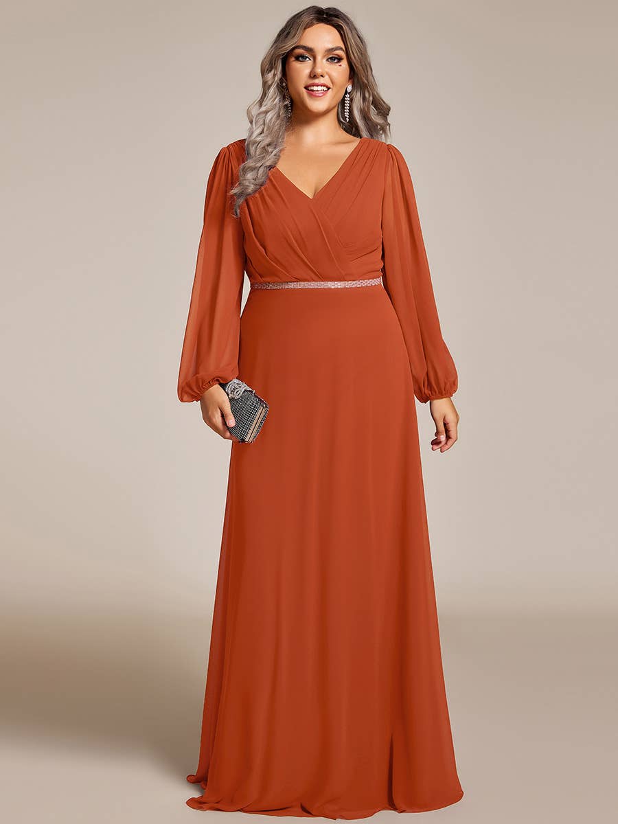 Ever-Pretty - Wholesale Gown - Women's - Elegant waisted chiffon V-neck Long Sleeve guest Dress60