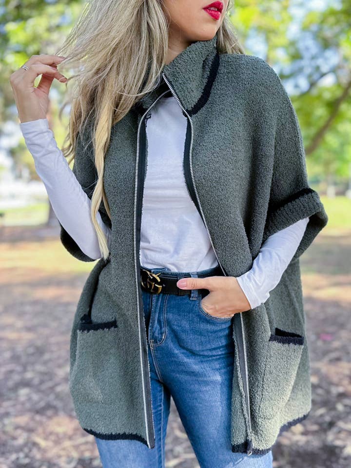 Olive Contemporary Soft Knitted Zip-Up Cozy Pocket Jacket for wholesale by AMOLI