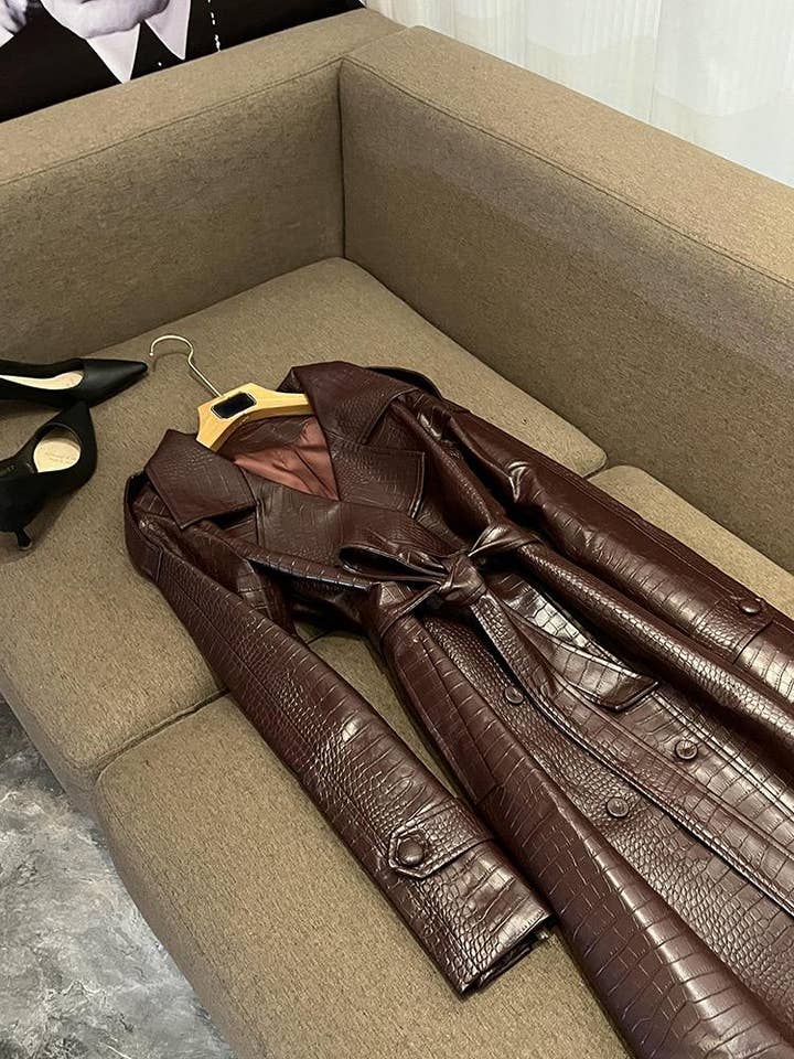 Color as pictures SY391 Crocodile Pattern PU Leather Long Lace-Up Coat for wholesale on Faire