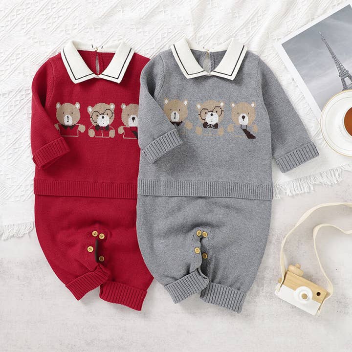 Baby Cartoon Bear Pattern Lapel Design Knitted Romper for wholesale by MyKids-USA®