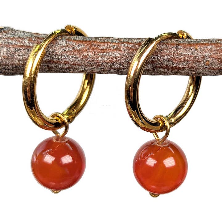 18K Real Gold Plated Stainless Steel Huggie Hoop Red Agate 8mm Gemstone Earrings for wholesale by Stylish Jewelry Supply