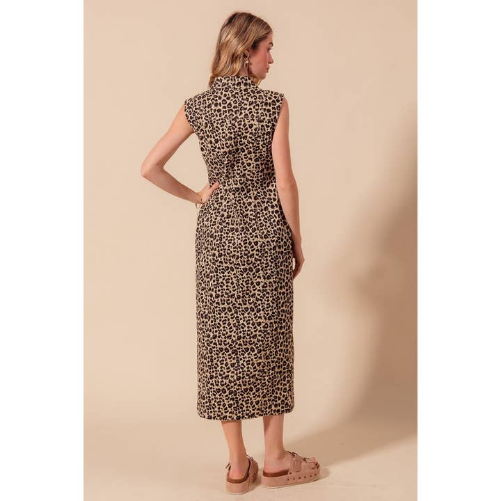 BUTTON FRONT MAXI LEOPARD DENIM SHIRT DRESS for wholesale on Faire