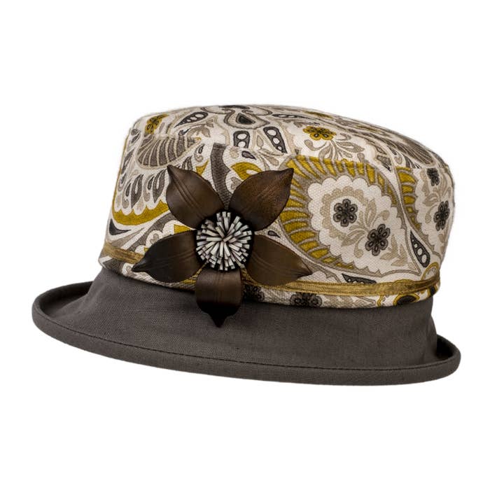 Sombrero de ala pequeña de primavera/verano de edición limitada, cachemir gris y mostaza, ala pequeña deshuesada con alfiler de piel para venta al por mayor de Proppa Toppa Hats