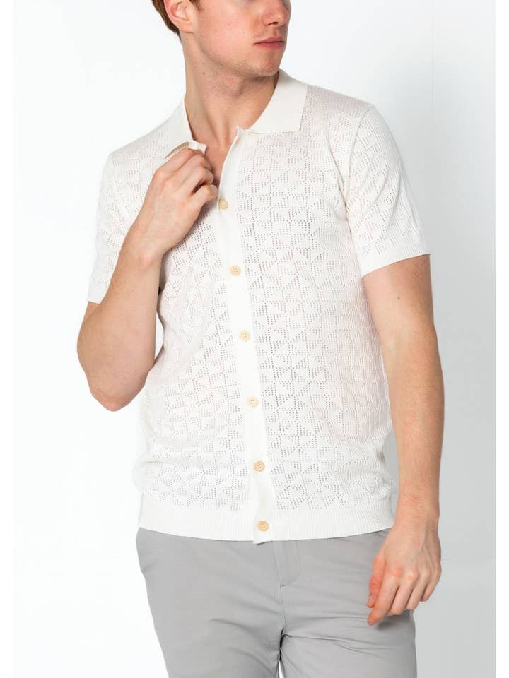 Men's Geometric Crochet Knit Polo - Off White for wholesale on Faire