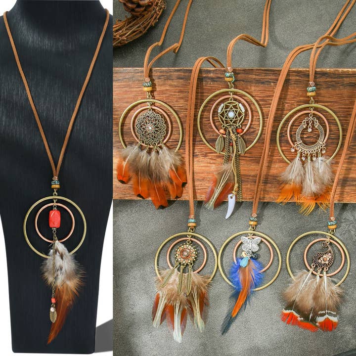 Colorful Feather Pendant Necklace Bohemian Style Butterfly Jewelry for wholesale by Halcyon Outfitters®