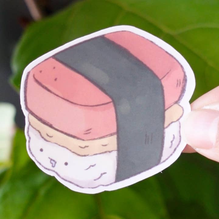 Spam Musubi egg drooling face sticker, stationery, hawaiian for wholesale by Claudine Castro Art