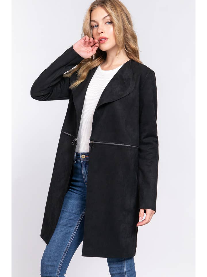 Active Basic | Active USA - Wholesale Jacket - Women's - Long Sleeve Front Two Zipper Detail Faux Suede Long Jacket