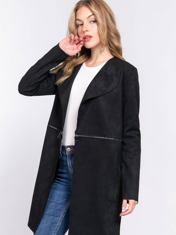 Active Basic | Active USA - Wholesale Jacket - Women's - Long Sleeve Front Two Zipper Detail Faux Suede Long Jacket0