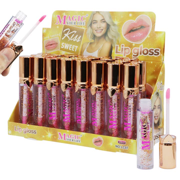 Cap Zone - Wholesale Lip Gloss - Heart Rose Gold Clear Glitter Lip Gloss - 24 pcs