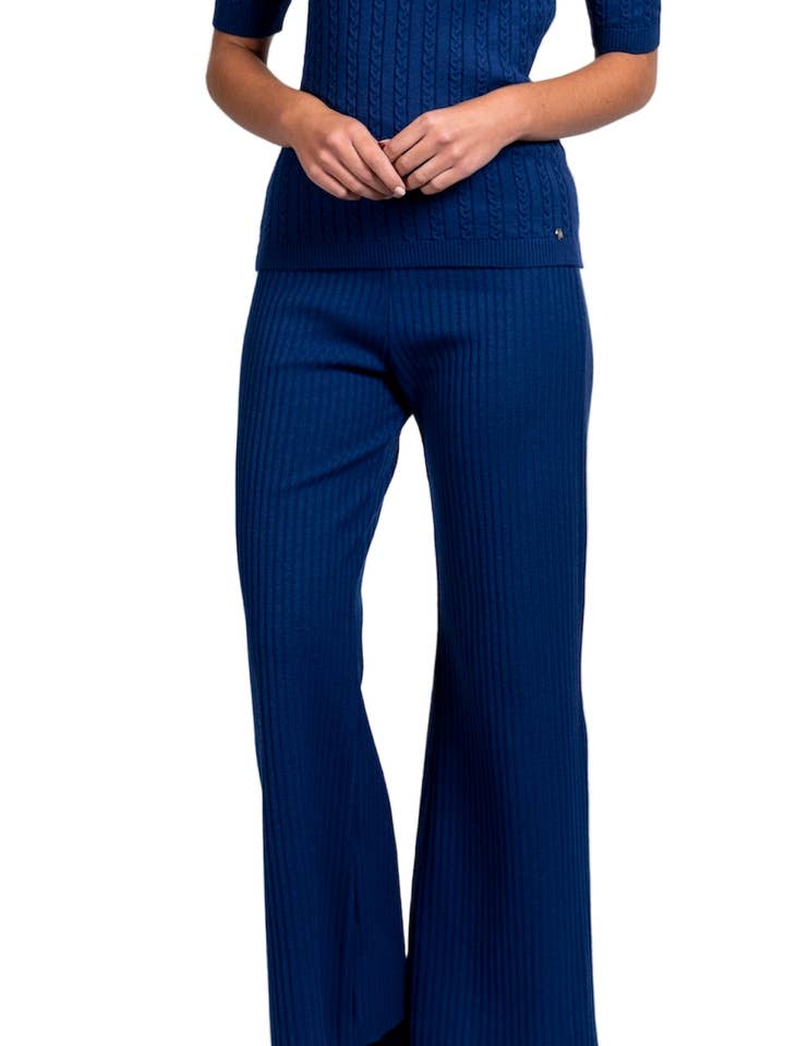 Camilla Rib-Knit Wide Leg Pants; Navy for wholesale by Biana
