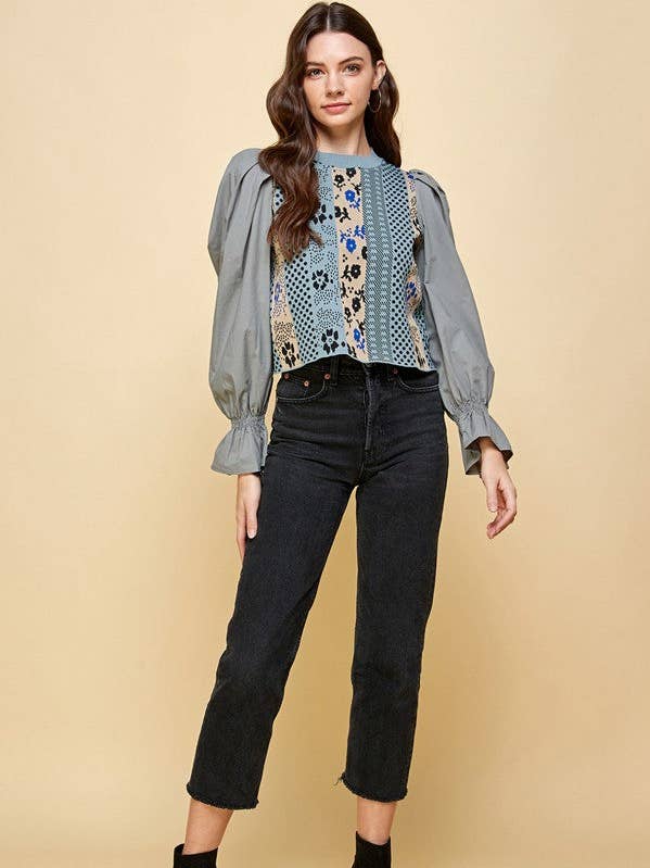 Patchwork Detailed Floral Woven Puff Sleeve Top for wholesale by The Steven Wick Company