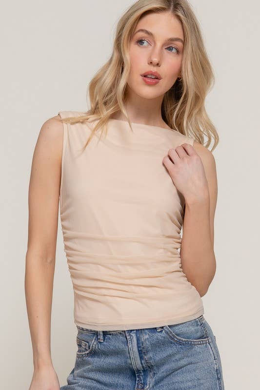 Vanilla Monkey - Wholesale Knit Top - Women's - Sleeveless Boat Neck Shirring Mesh Top4