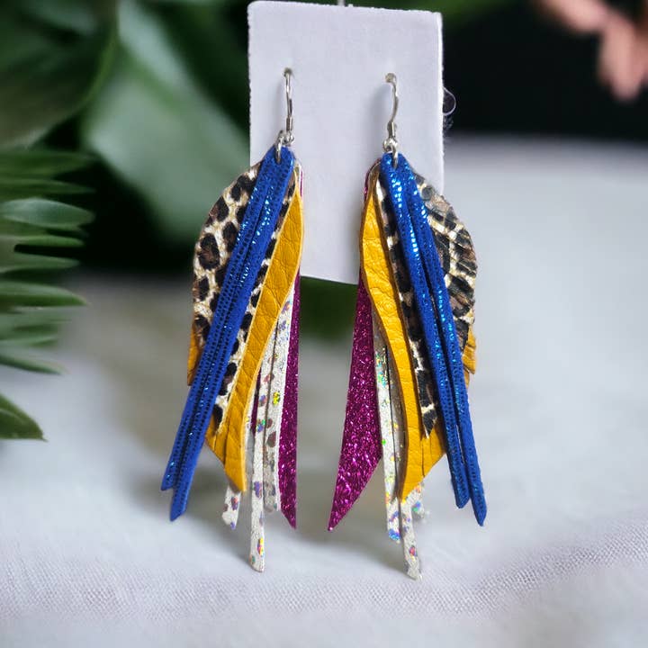 Colorful stacked feather earrings for wholesale by Bushleys Beauties, LLC