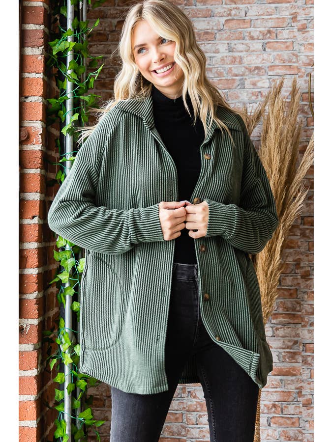 7th Ray - Wholesale Shirt Jacket/Shacket - Women's - Solid Rib Button Down Side Pockets Long Sleeve Shacket T5256