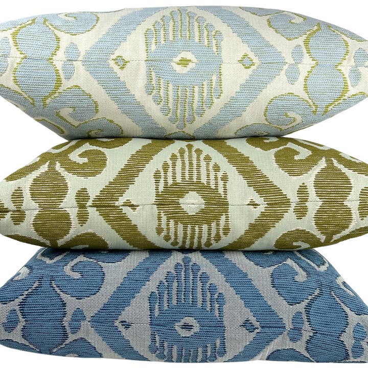 Sienna Horizon - Light Blue & Green Woven Ikat Throw Pillow for wholesale on Faire7