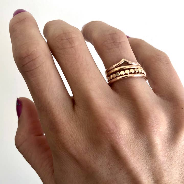 Set of Four 14k Gold Fill Stacking Rings - Chevron, Medallion, Hammered, and Classic for wholesale by Violet Moon Jewelry