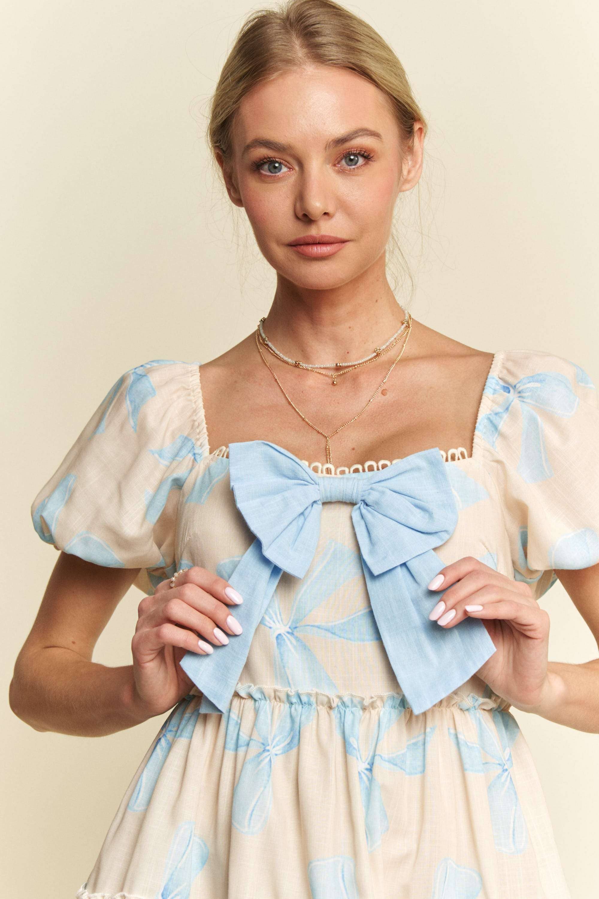 Davi & Dani - Wholesale Dress - Women's - BOW PRINTED PUFF SMOCKING BACK TIERED DRESS9